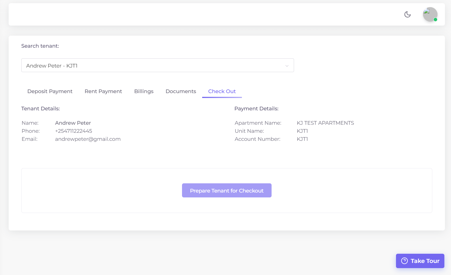Tenant Checkout Section