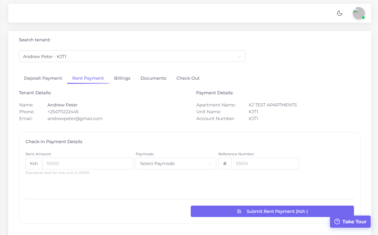 Tenant Rent Payment Tab